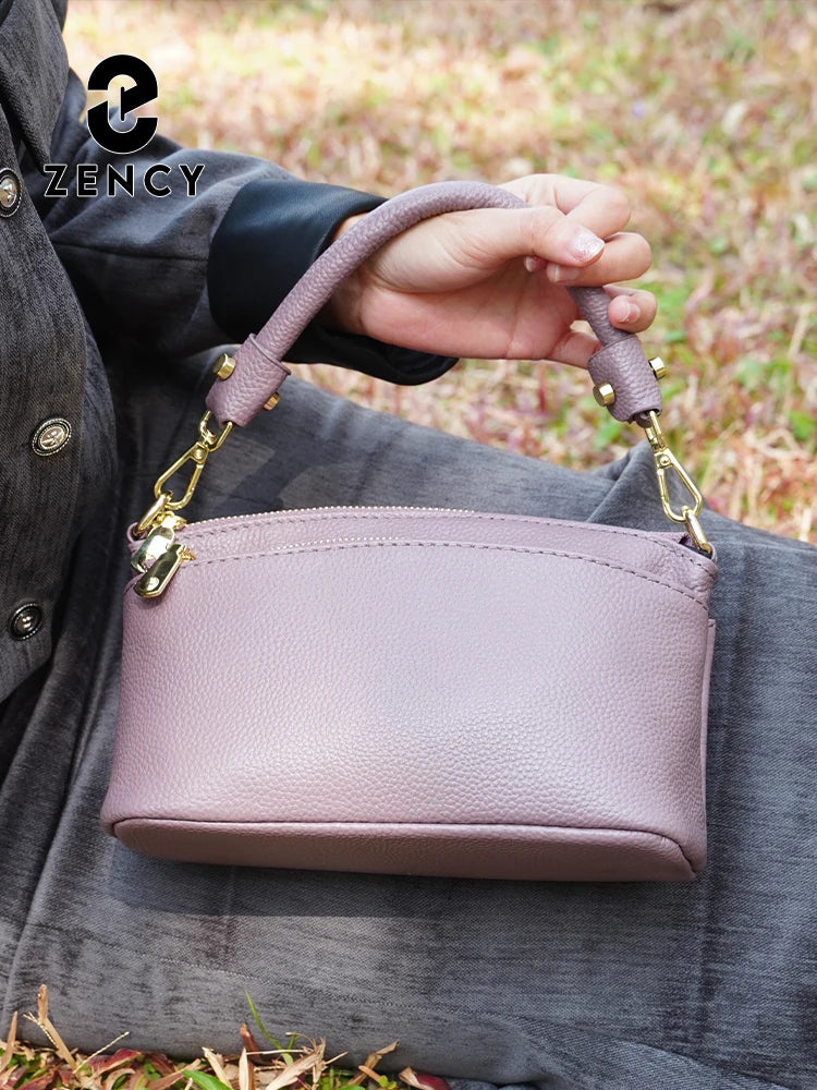 Zency Women Grey Bag Soft Genuine Leather Zipper Cowhide Leather Shoulder Bag