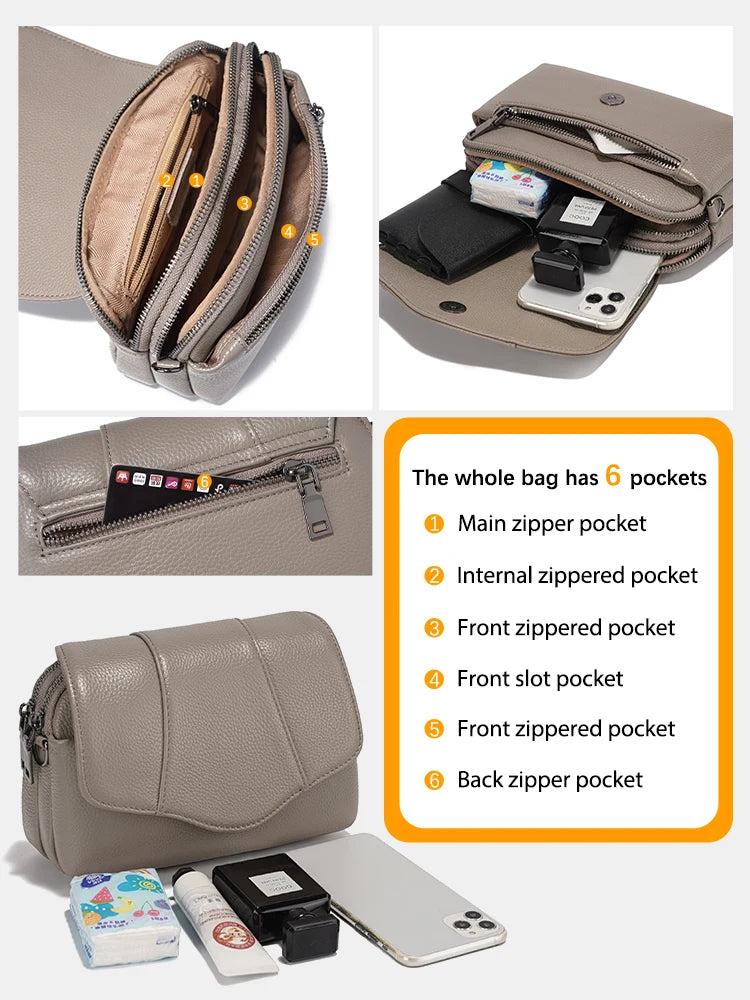 Zency Cowhide Leather Crossbody for Women Simple Multi-compartment Shoulder Handbag