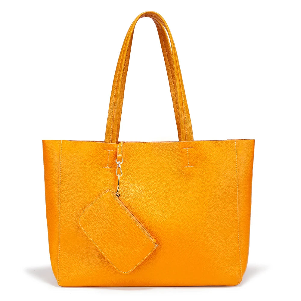 Zency Genuine Leather Large Tote Bags Simple Color Bags Zipper for Work Shopping Travel