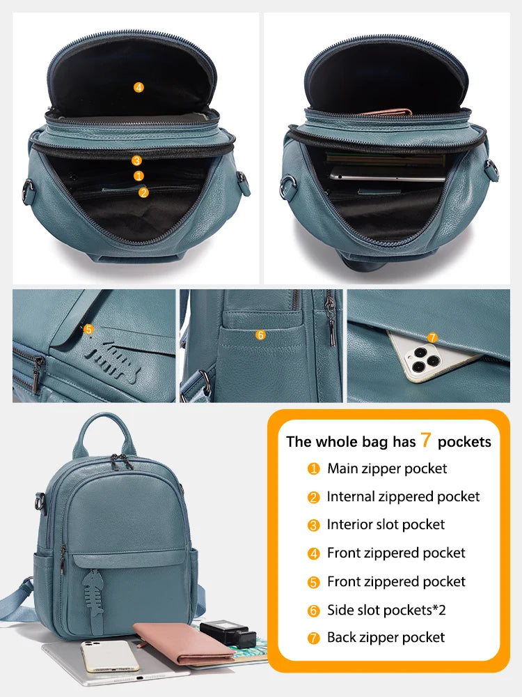Zency Genuine Leather Backpack Multi-pocket Design Simple Travel Convertible Shoulder Bag