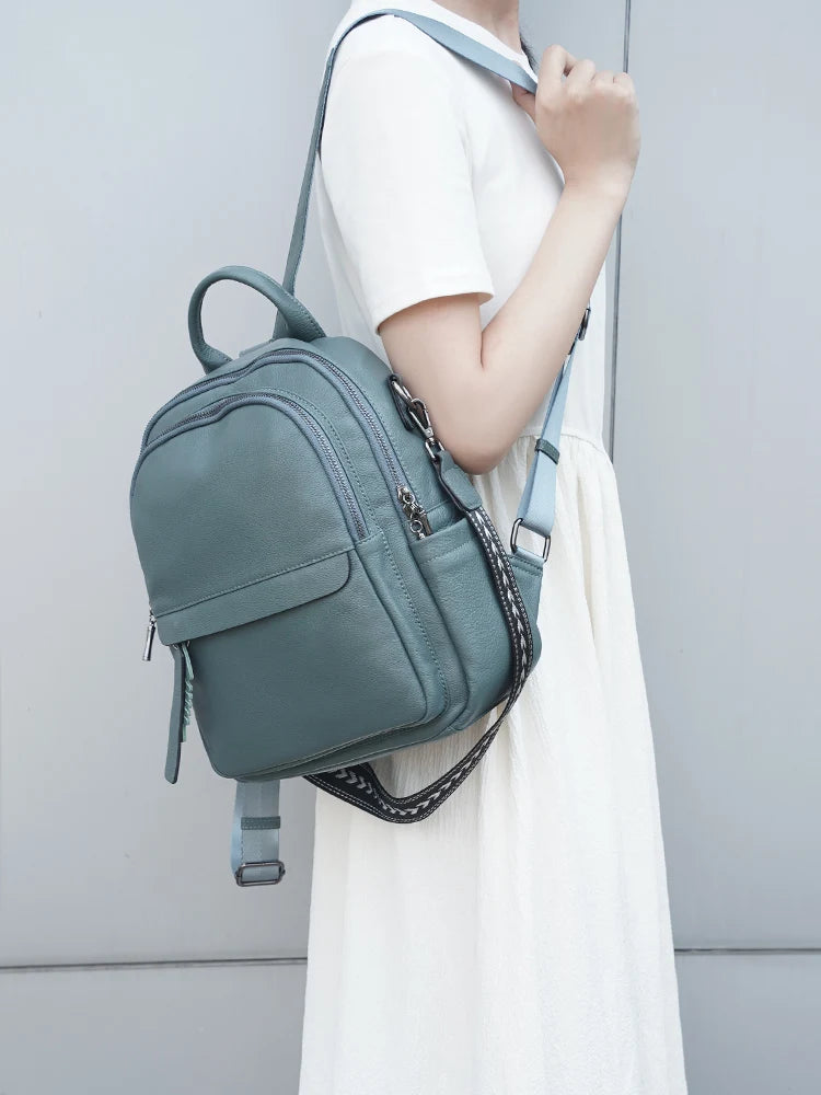 Zency Genuine Leather Backpack Multi-pocket Design Simple Travel Convertible Shoulder Bag