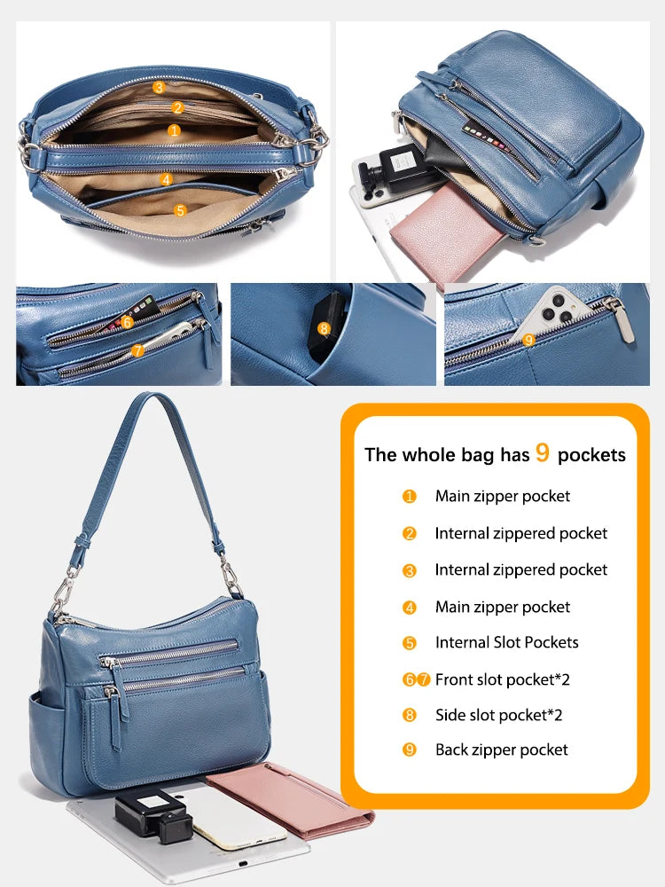 Zency Cowhide Leather Handbag Women Shoulder Bag Multi-functional Pockets