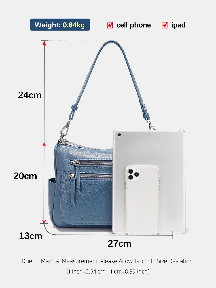 Zency Cowhide Leather Handbag Women Shoulder Bag Multi-functional Pockets