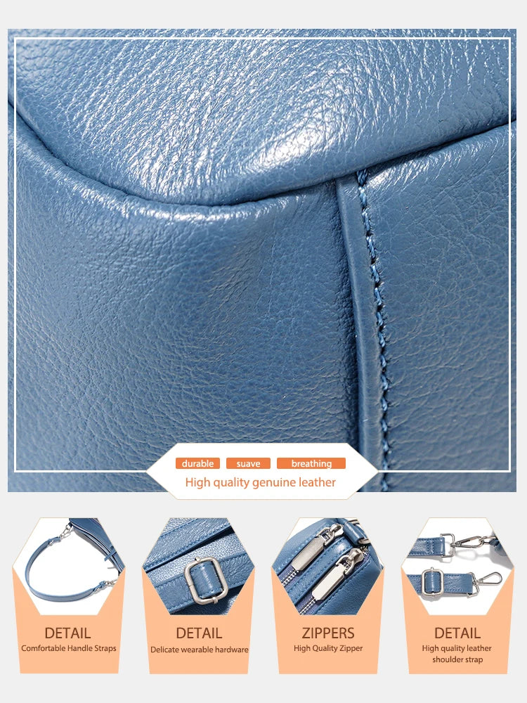 Zency Cowhide Leather Handbag Women Shoulder Bag Multi-functional Pockets