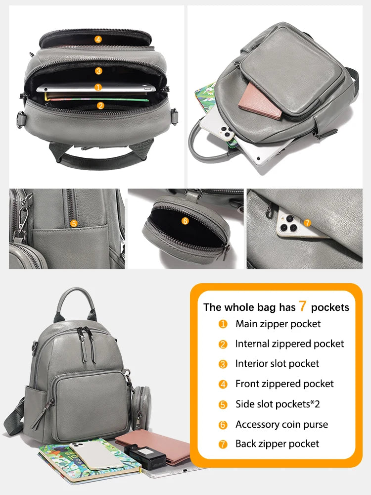 Zency Genuine Leather Women's Backpack Knapsack Multi-pocket Shoulder Bag