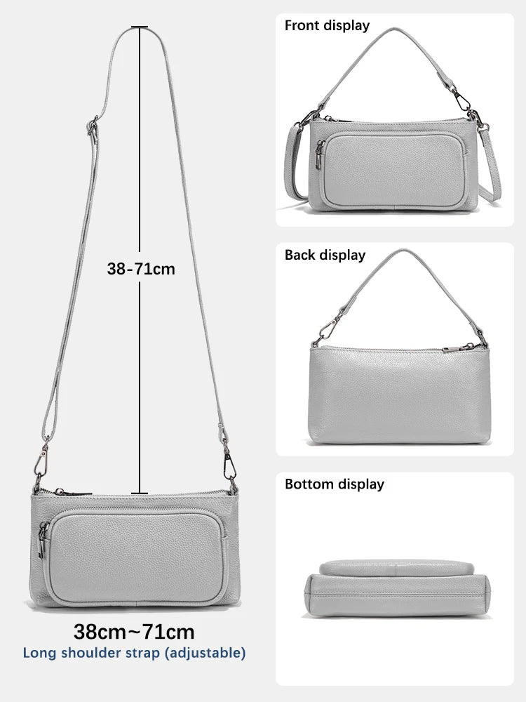Zency Women's Grey Leather Shoulder Bag Crossbody Multi-pockets Handbag