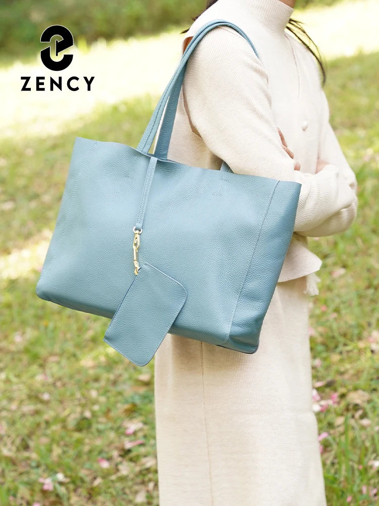 Zency Genuine Leather Large Tote Bags Simple Color Bags Zipper for Work Shopping Travel
