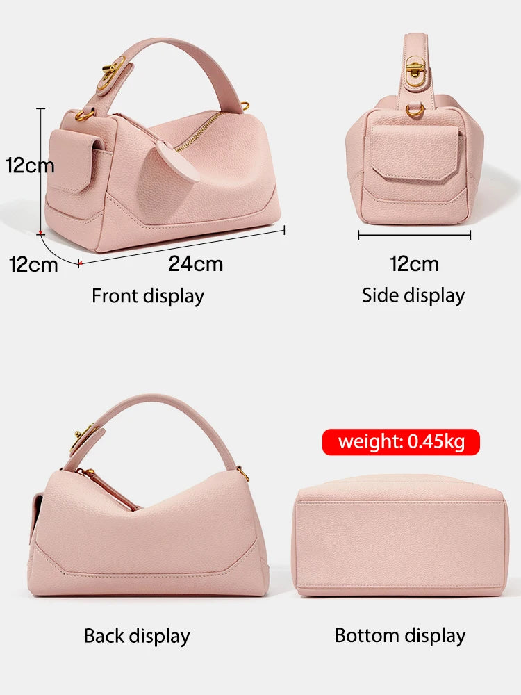 Women Genuine Leather Pillow Bag Small Boston Tassel For Girls Grey Pink