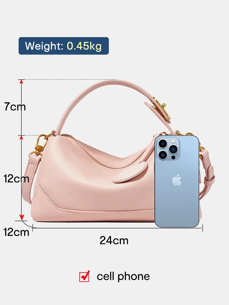 Women Genuine Leather Pillow Bag Small Boston Tassel For Girls Grey Pink