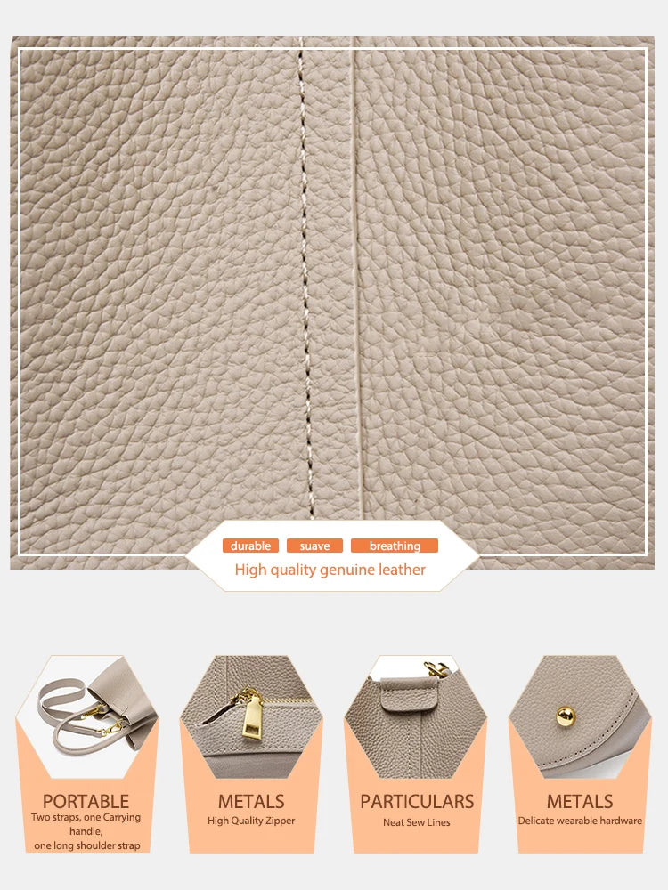 Genuine Leather Beige Composite Bag Women Casual Tote Bucket Bag For Shopper