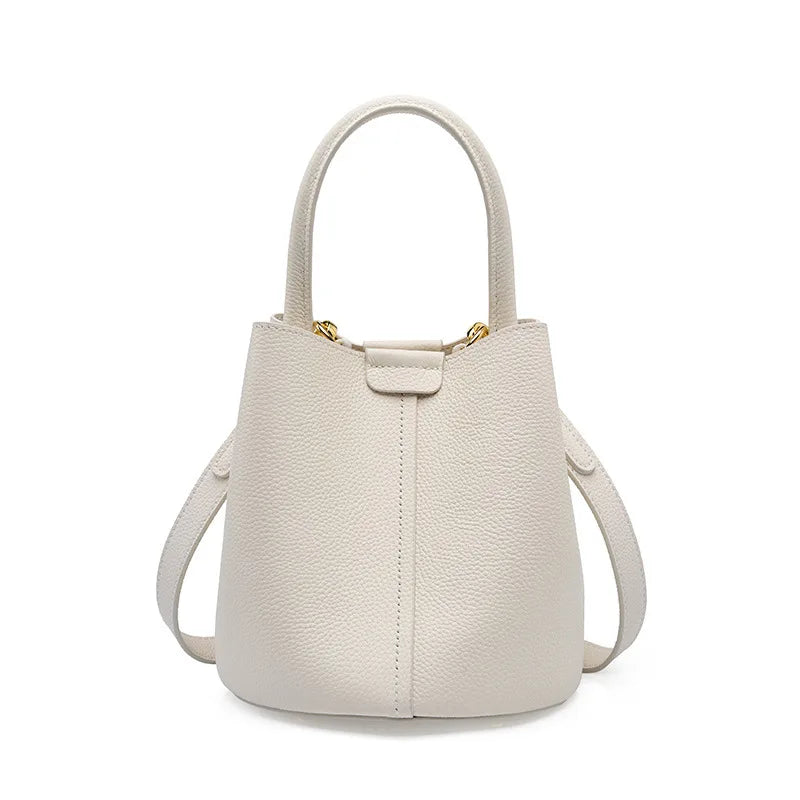 Genuine Leather Beige Composite Bag Women Casual Tote Bucket Bag For Shopper