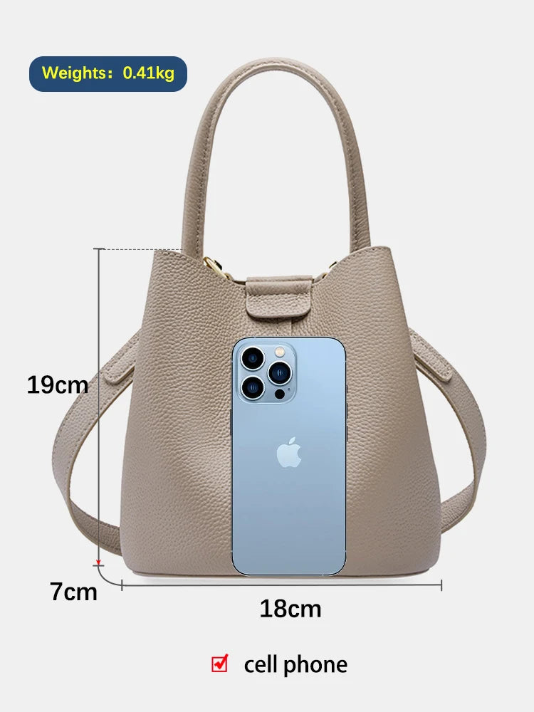 Genuine Leather Beige Composite Bag Women Casual Tote Bucket Bag For Shopper