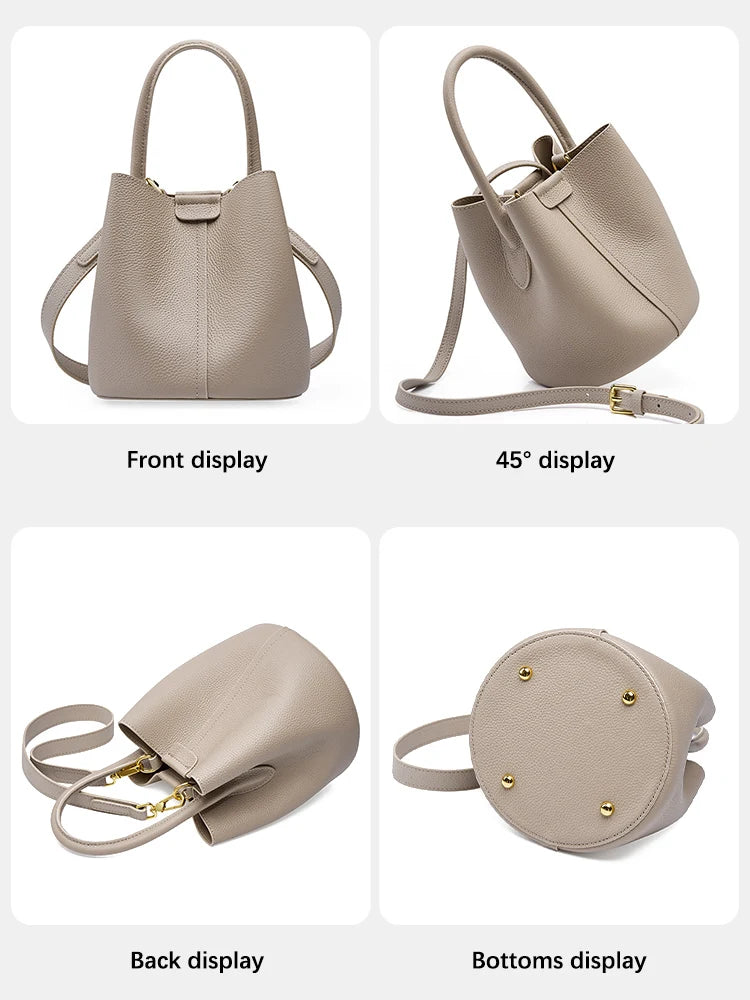 Genuine Leather Beige Composite Bag Women Casual Tote Bucket Bag For Shopper