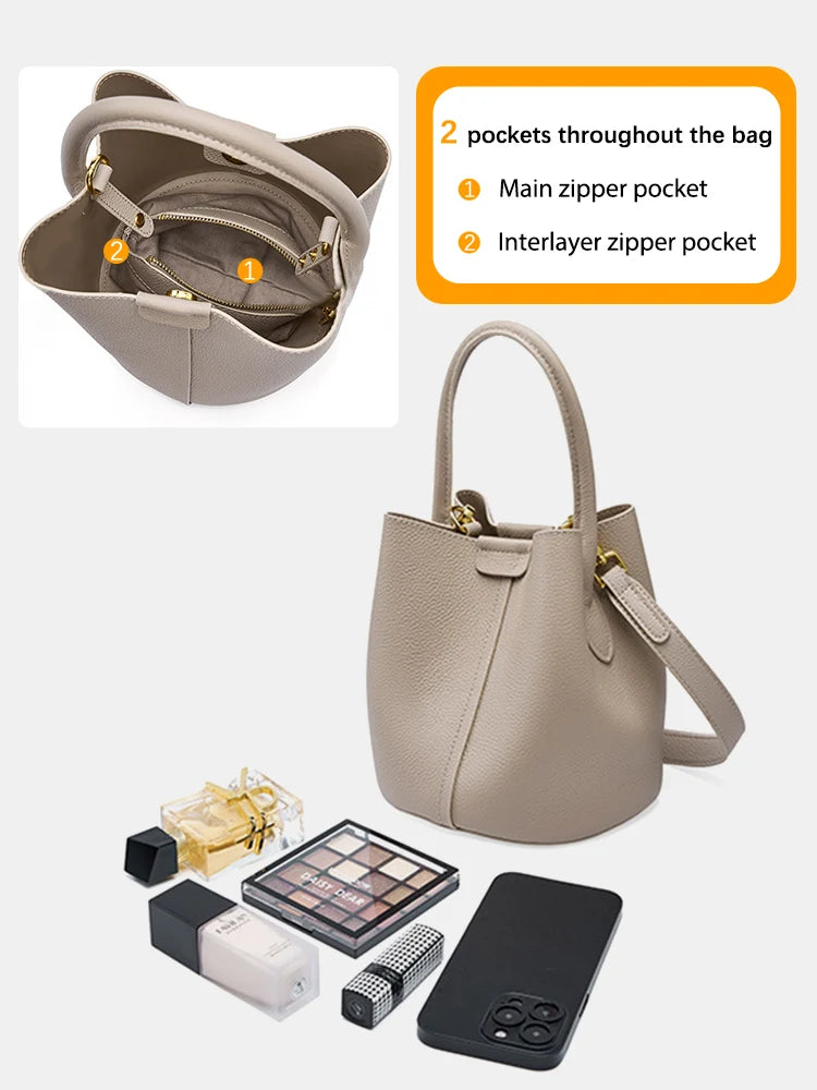 Genuine Leather Beige Composite Bag Women Casual Tote Bucket Bag For Shopper