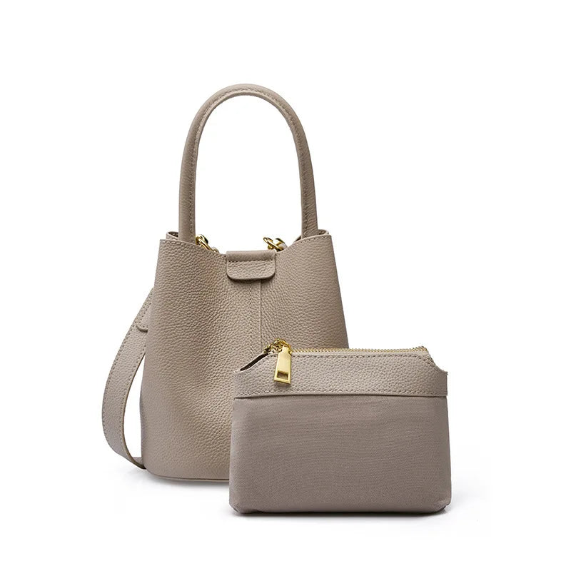 Genuine Leather Beige Composite Bag Women Casual Tote Bucket Bag For Shopper