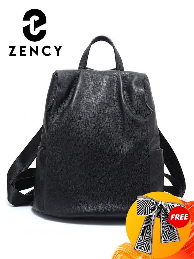 Zency Anti-theft Women Backpack 100% Genuine Leather Black Travel Bag Big Schoolbag For Girls Fashion Female Knapsack Laptop Bag