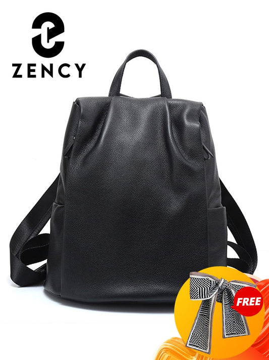 Zency Anti-theft Women Backpack 100% Genuine Leather Black Travel Bag Big Schoolbag For Girls Fashion Female Knapsack Laptop Bag