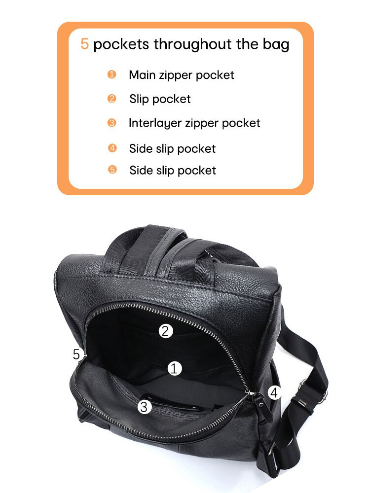 Zency Anti-theft Women Backpack 100% Genuine Leather Black Travel Bag Big Schoolbag For Girls Fashion Female Knapsack Laptop Bag