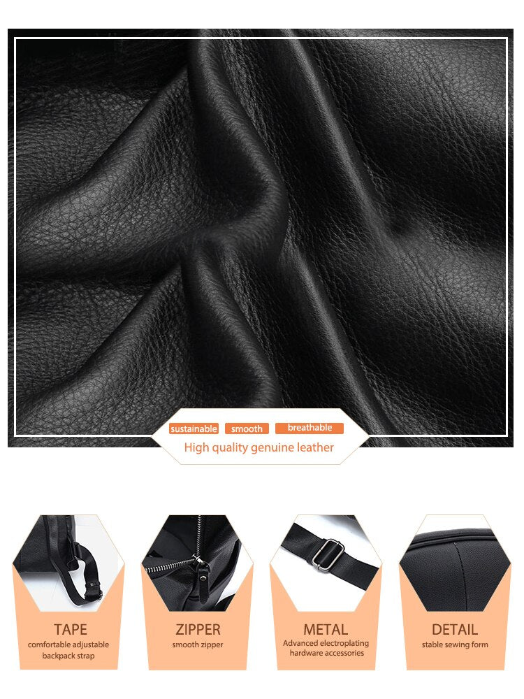 Zency Anti-theft Women Backpack 100% Genuine Leather Black Travel Bag Big Schoolbag For Girls Fashion Female Knapsack Laptop Bag