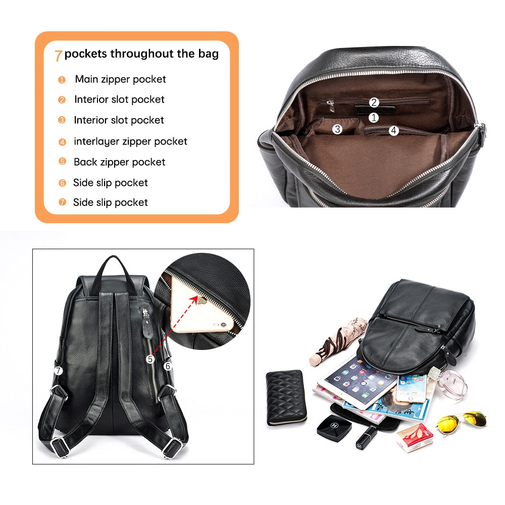 Zency Genuine Leather Women Backpack A++ Quality Anti-theft Large Capacity Knapsack Travel Bag Lady Stylish School Rucksack