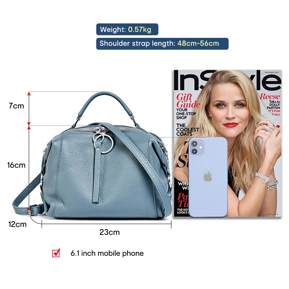 Zency Casual Tote Crossbody Soft Genuine Leather Handbag Elegant Women Shoulder Bag Double Zipper Tassel Pockets Blue Black