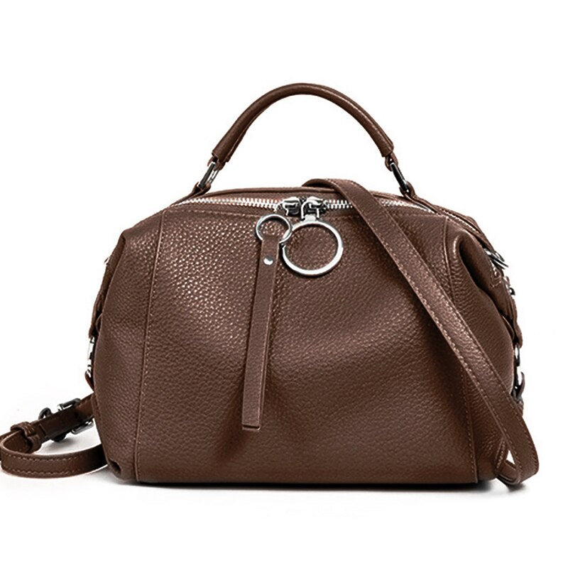 Zency Casual Tote Crossbody Soft Genuine Leather Handbag Elegant Women Shoulder Bag Double Zipper Tassel Pockets Blue Black