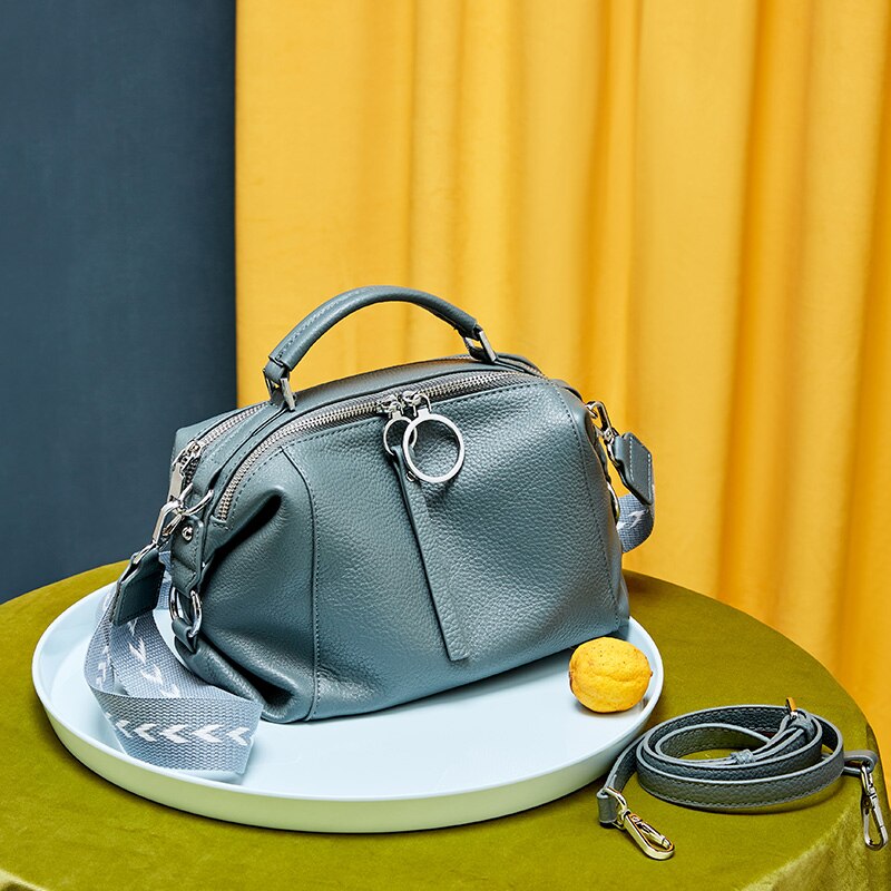Zency Casual Tote Crossbody Soft Genuine Leather Handbag Elegant Women Shoulder Bag Double Zipper Tassel Pockets Blue Black