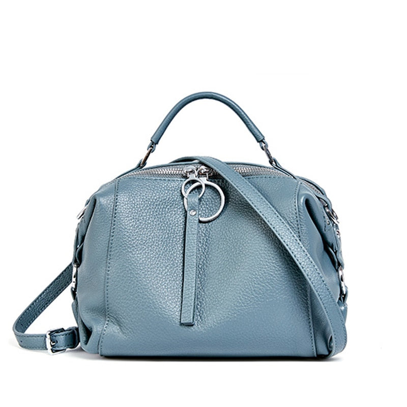 Zency Casual Tote Crossbody Soft Genuine Leather Handbag Elegant Women Shoulder Bag Double Zipper Tassel Pockets Blue Black