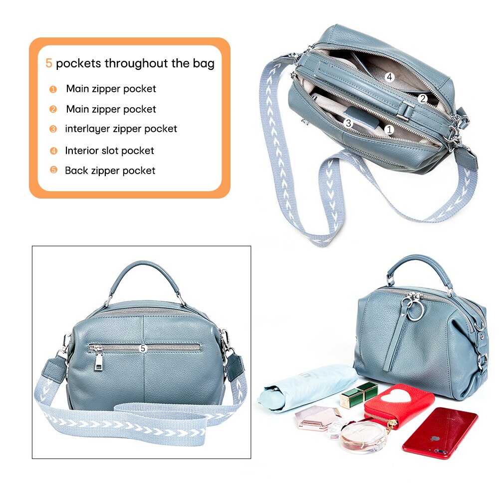 Zency Casual Tote Crossbody Soft Genuine Leather Handbag Elegant Women Shoulder Bag Double Zipper Tassel Pockets Blue Black
