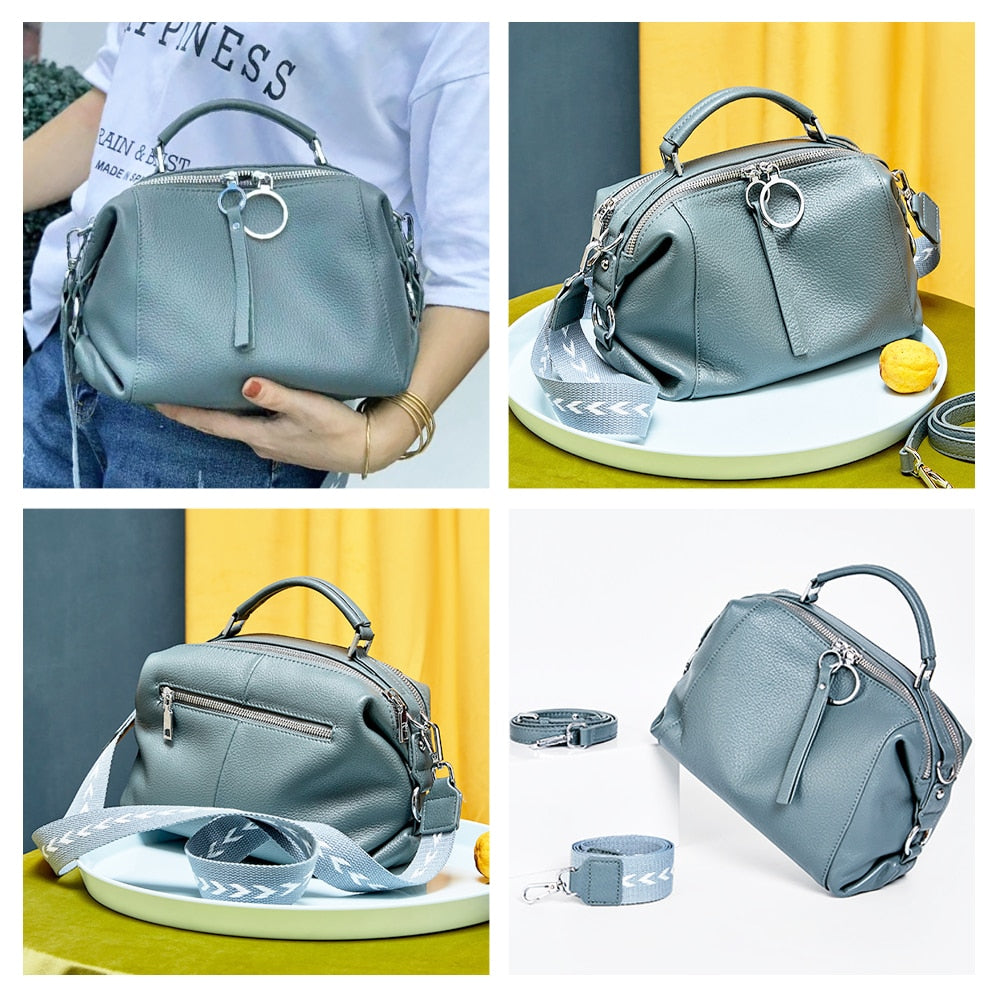 Zency Casual Tote Crossbody Soft Genuine Leather Handbag Elegant Women Shoulder Bag Double Zipper Tassel Pockets Blue Black