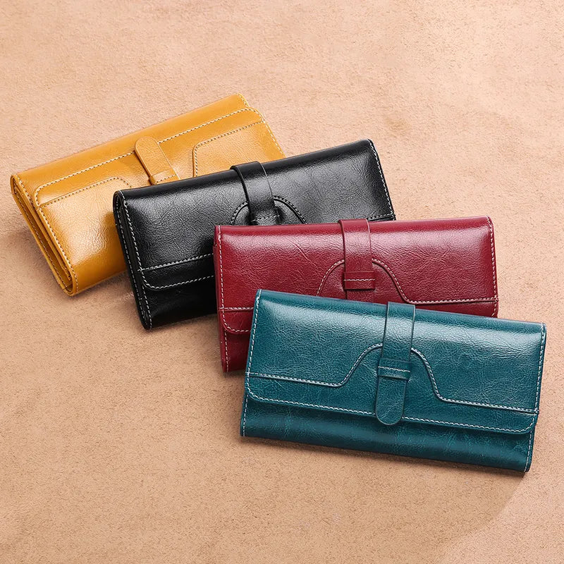 High Quality Retro Women Oil Wax Leather Wallet Card Case Coin Long Purse