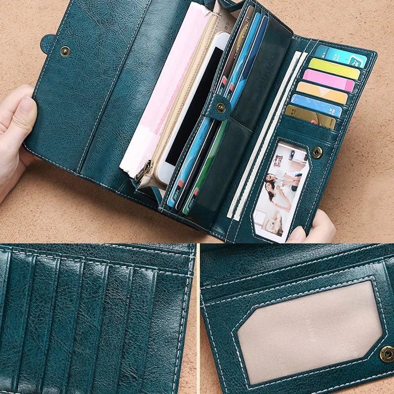 High Quality Retro Women Oil Wax Leather Wallet Card Case Coin Long Purse
