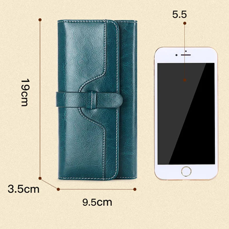 High Quality Retro Women Oil Wax Leather Wallet Card Case Coin Long Purse