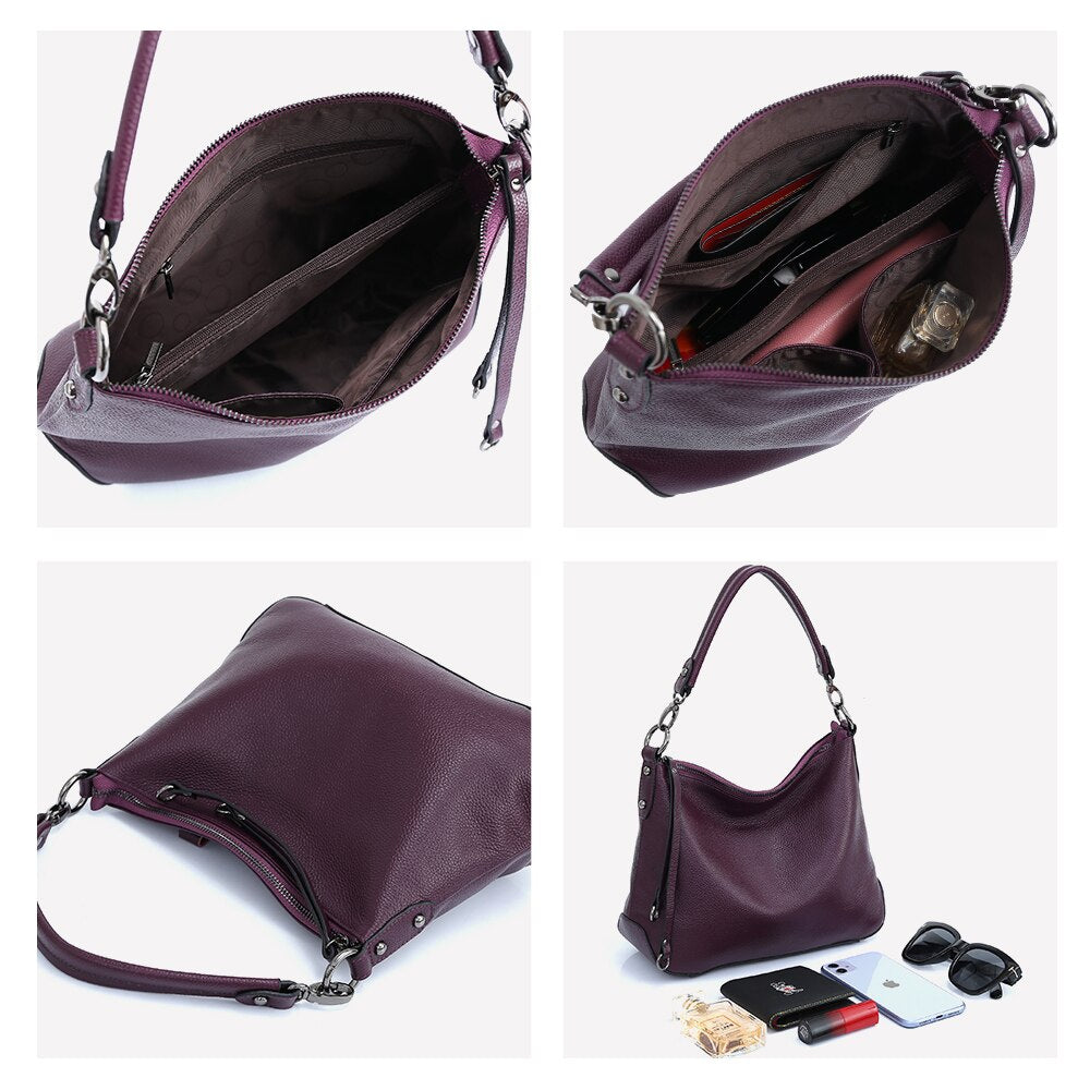 Zency Genuine Leather Handbag For Women Simple Classic Casual Female Hobo Bags Vintage Shoulder Tote Crossbody Bag