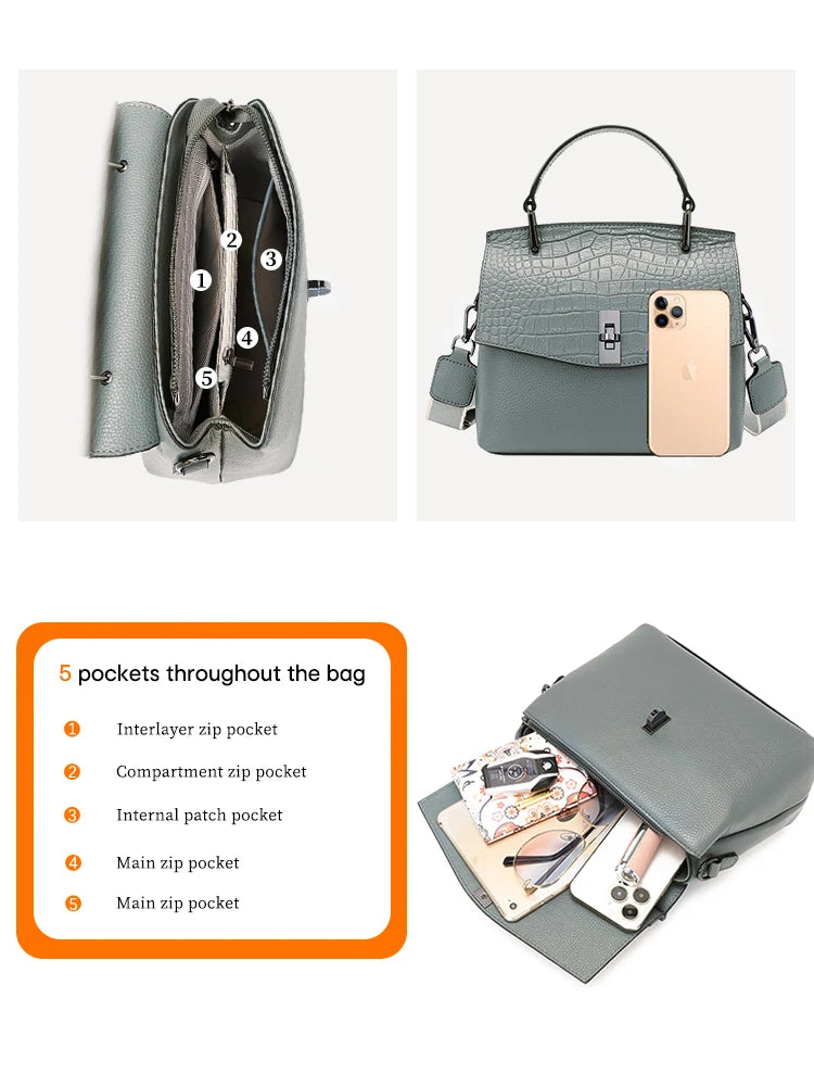 Zency Genuine Leather Women's Handbag Stone Vintage Tote Bag Luxury Brand