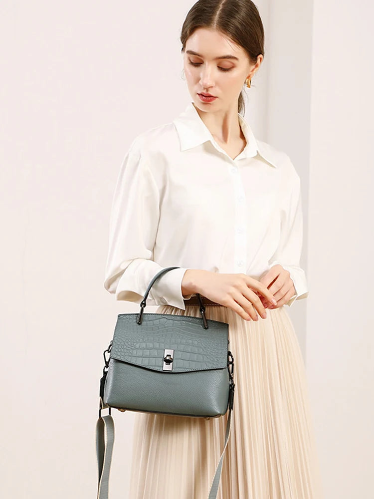 Zency Genuine Leather Women's Handbag Stone Vintage Tote Bag Luxury Brand