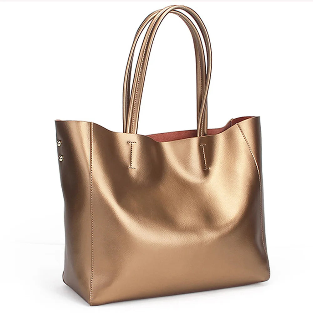 Zency Luxury Gold Women Shoulder Bag Two Layer Leather Large Capacity Handbag