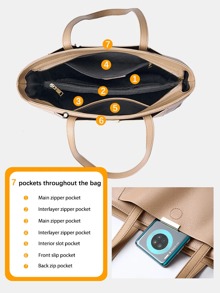 Zency Soft Leather Large Capacity Lady Shopping Bag For Notebook Phone iPad
