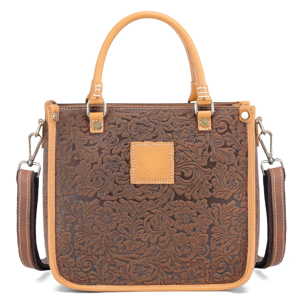 Zency Women Shoulder Bag Genuine Leather Designer Embossing Brown Bag