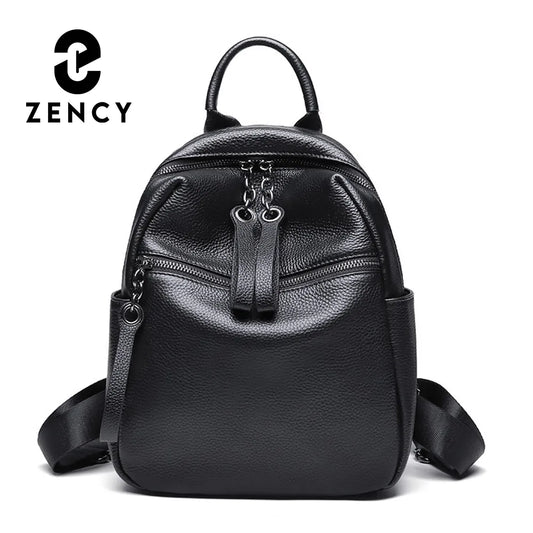 Zency Women's Simple Black Backpack Genuine Leather