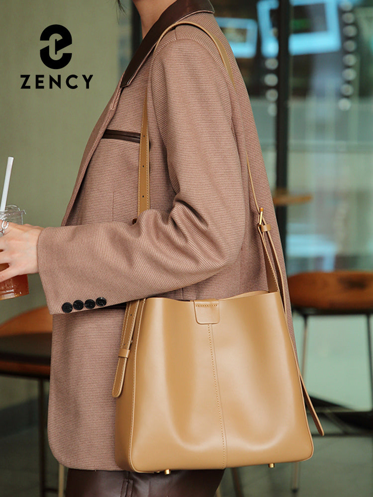 Zency Women Split Leather Tote Bag Luxury Designer Bucket Bags Handbag