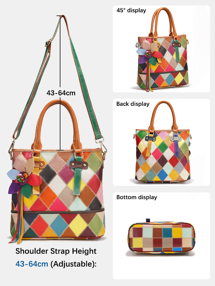 Zency Women's Fashion Patchwork Tote Bag Genuine Leather Handbag