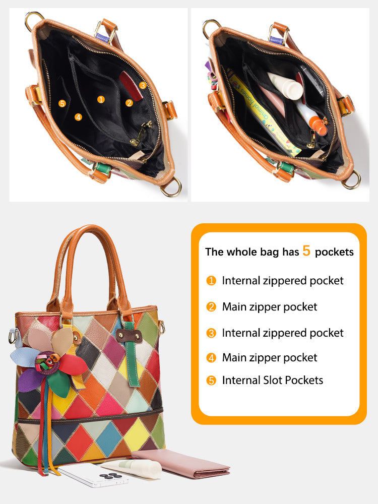 Zency Women's Fashion Patchwork Tote Bag Genuine Leather Handbag