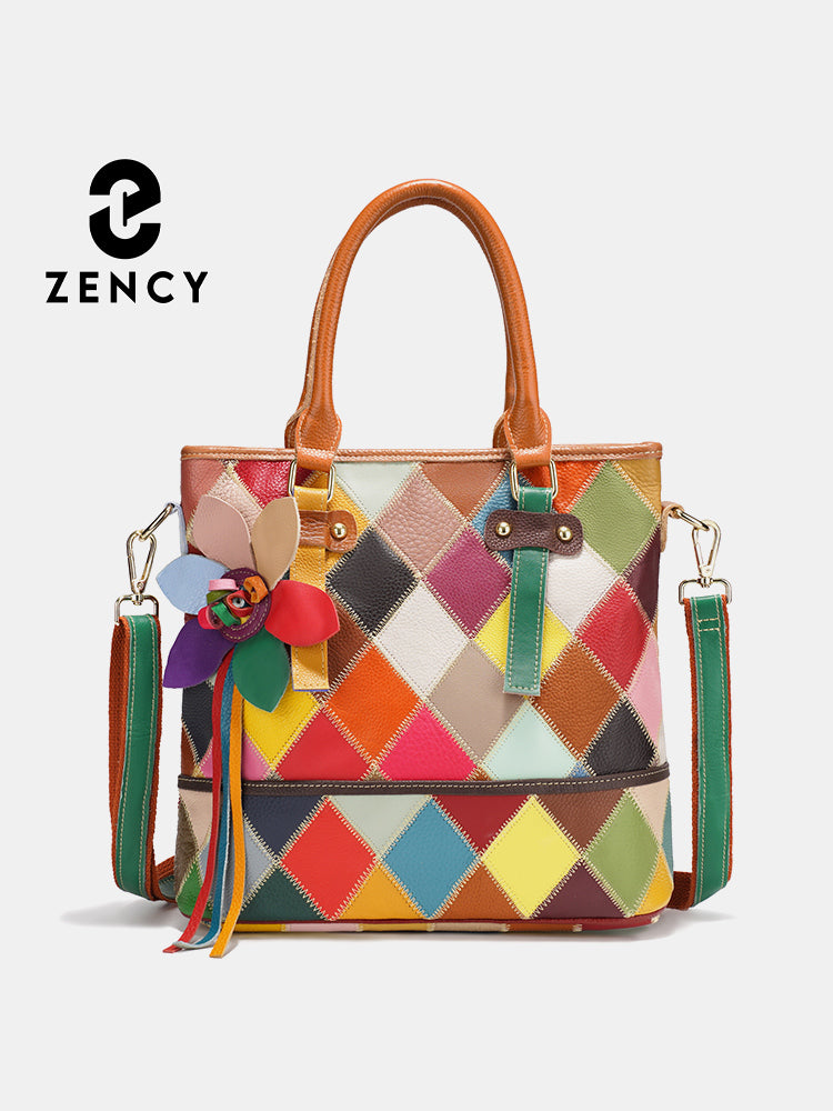 Zency Women's Fashion Patchwork Tote Bag Genuine Leather Handbag