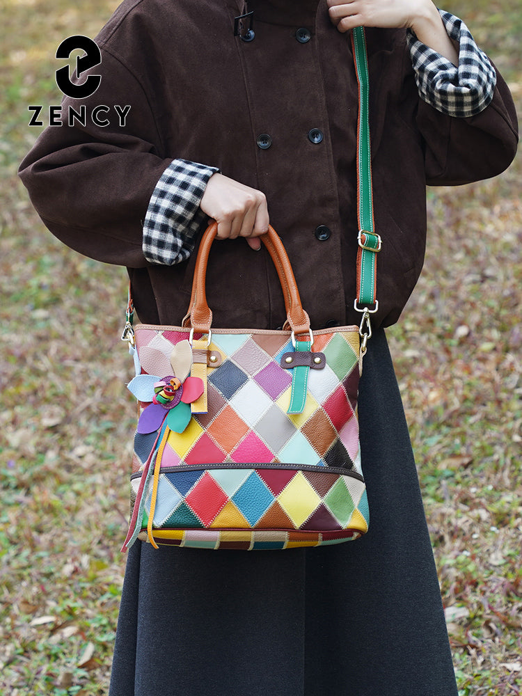 Zency Women's Fashion Patchwork Tote Bag Genuine Leather Handbag