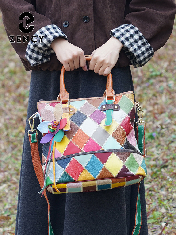 Zency Women's Fashion Patchwork Tote Bag Genuine Leather Handbag
