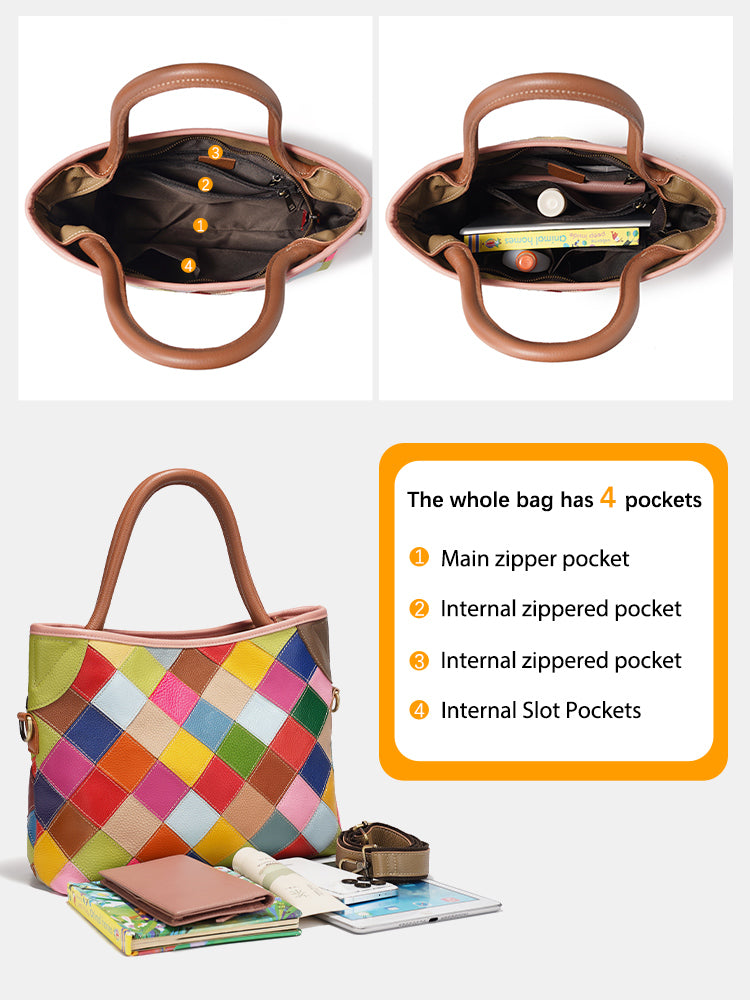 Zency Women's Colorful Patchwork Leather Bag Large Tote Bag