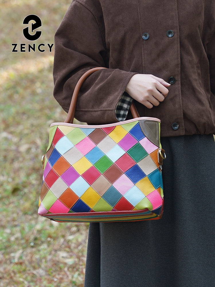 Zency Women's Colorful Patchwork Leather Bag Large Tote Bag